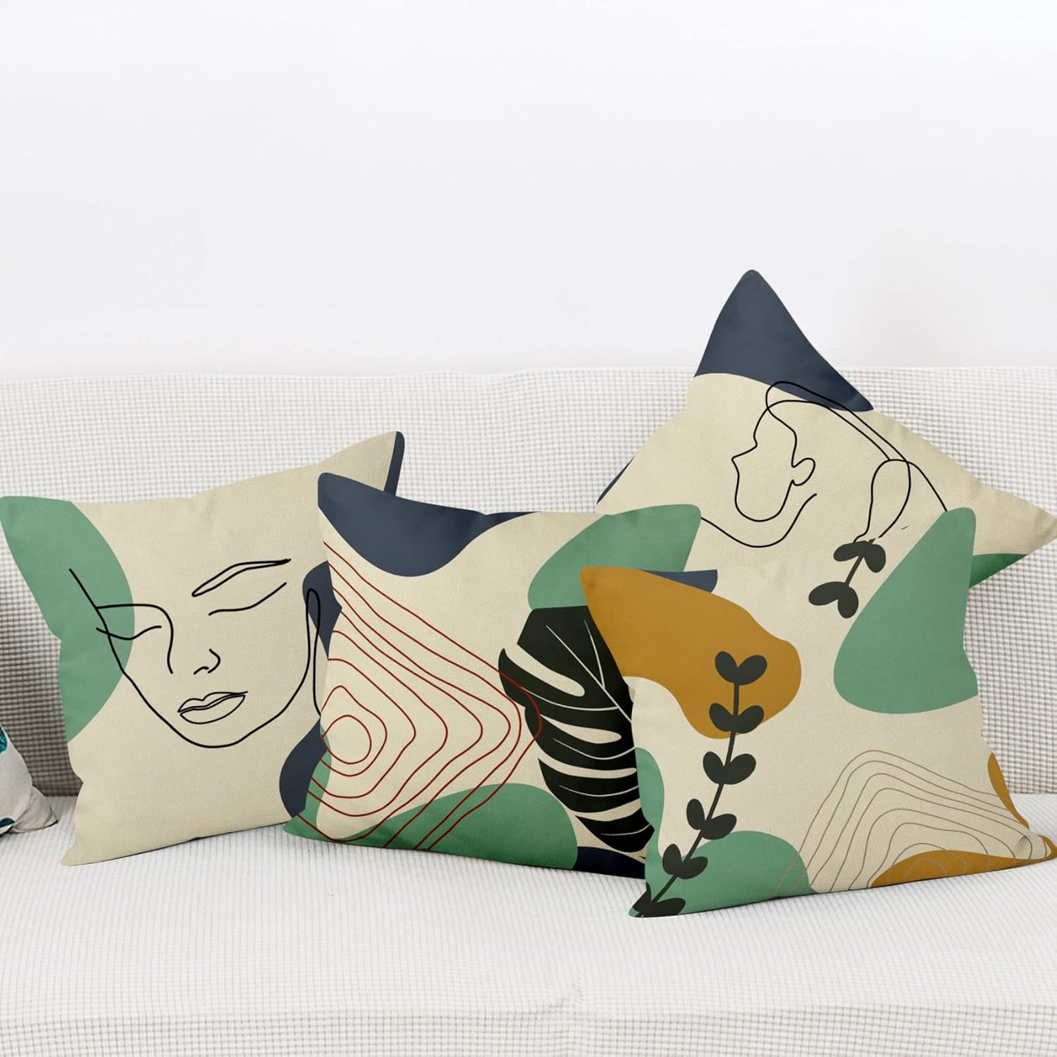 Yeele 18x18inches Abstract Minimalist Throw Pillow Covers Modern Line Art Woman Portrait with Contemporary Leafy Geometric Details Pillow Case Set of 4 Cushion Case for Sofa Couch Bed Home Decors