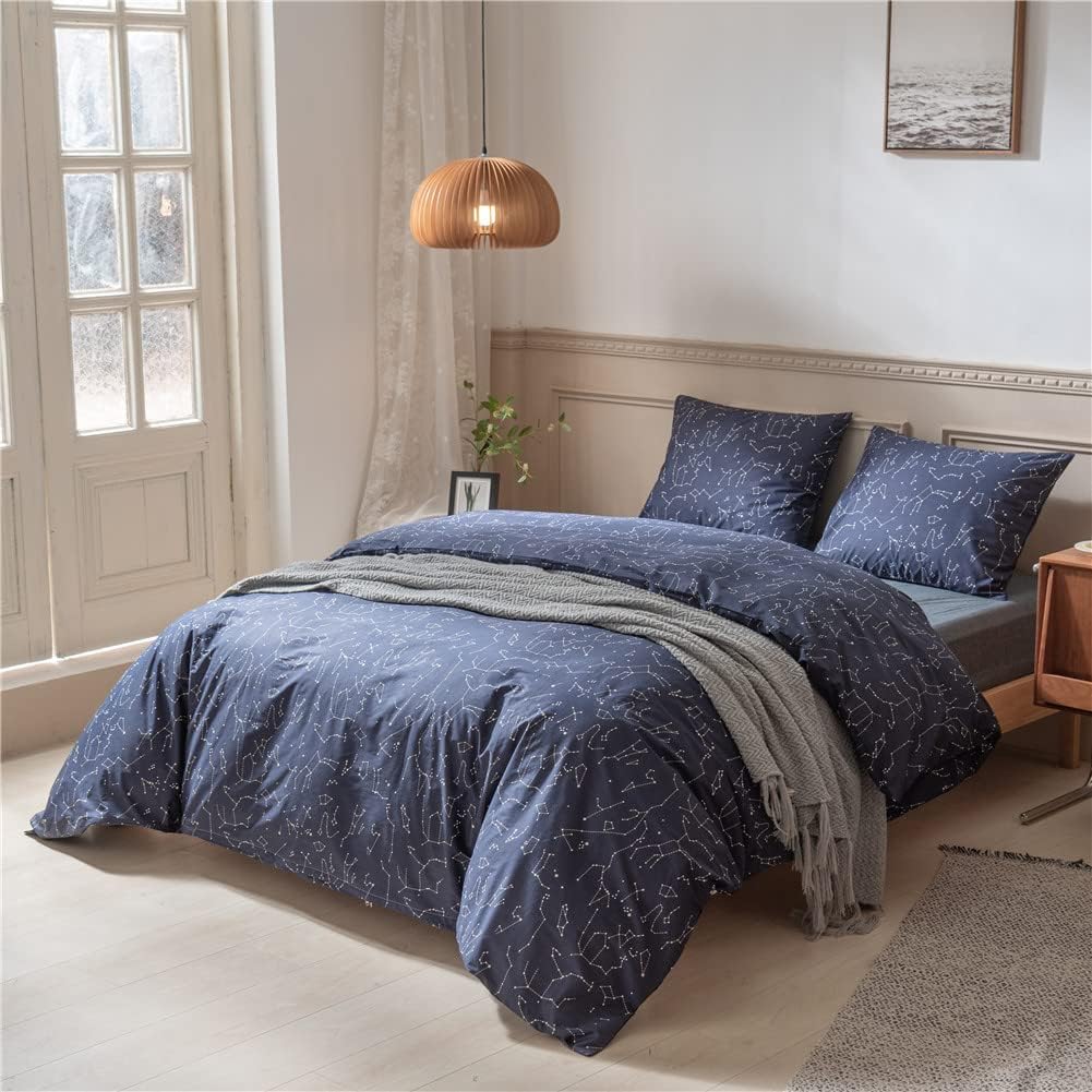 Best Deal 🛒 Queen Full Kids Constellation Pattern Printed Duvet Cover Sets 100% Cotton Reversible Checkered Plaid Bedding Comforter Cover Sets Navy Blue White Luxury Soft Woman Man Boy Girl Bedding Collection