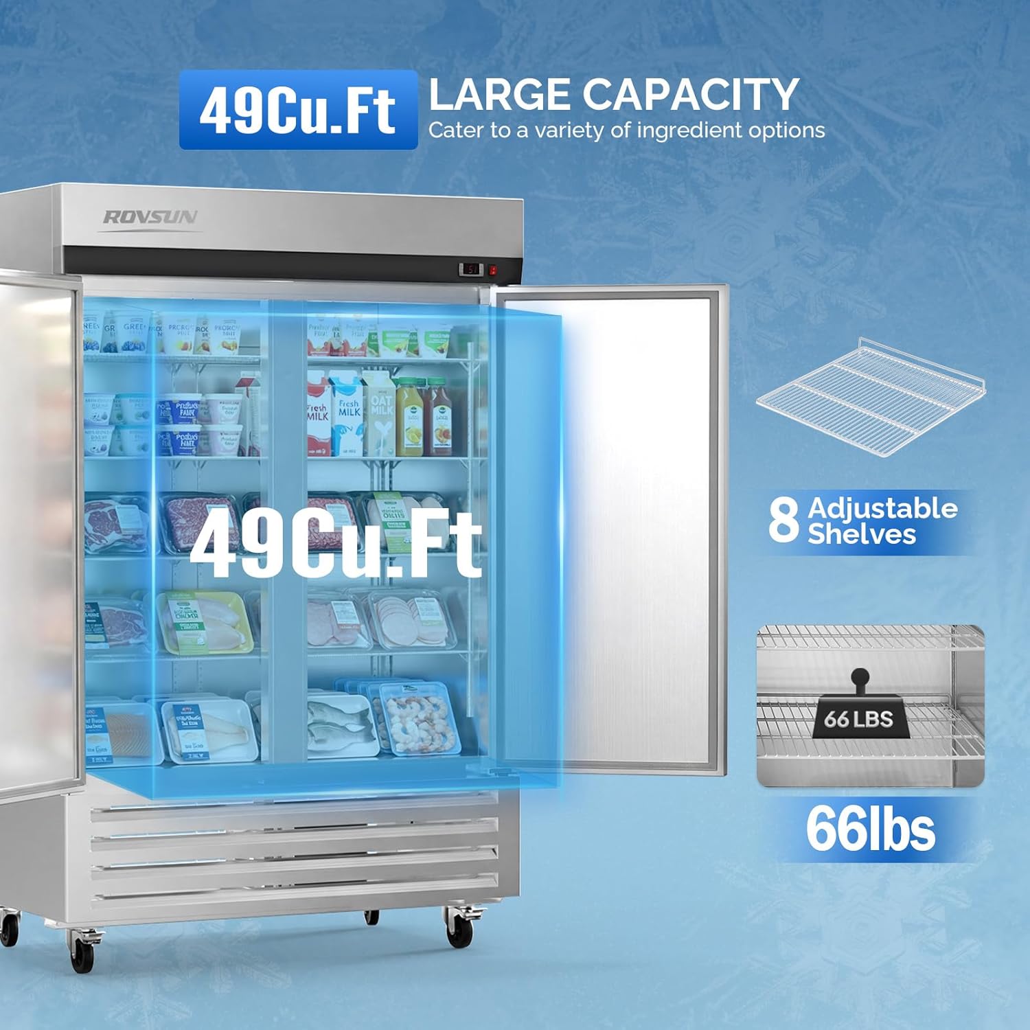 ROVSUN 54" W Commercial Refrigerator Reach in Refrigerator ETL NSF Certified, 49 Cu.Ft Commercial Fridge Cooler w/ 2 Door Auto Defrosting LED Light Adjustable Shelves for Restaurant Cafe Canteen
