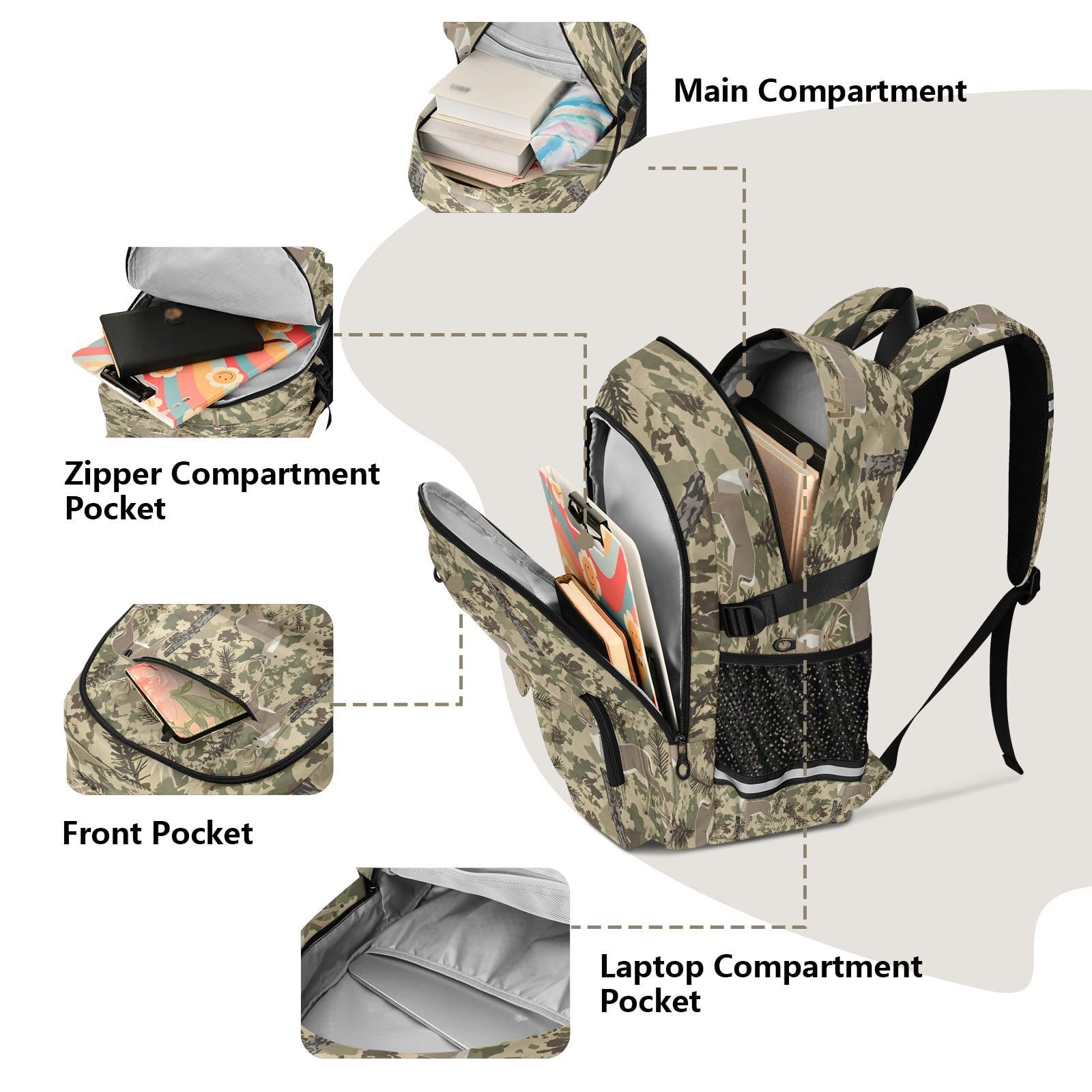 Zaino con motivo gazzelle della foresta, con tasche multiple, per scuola, viaggi, attività all'aperto, università, zaino per laptop da 17,5 pollici, per uomini e donne