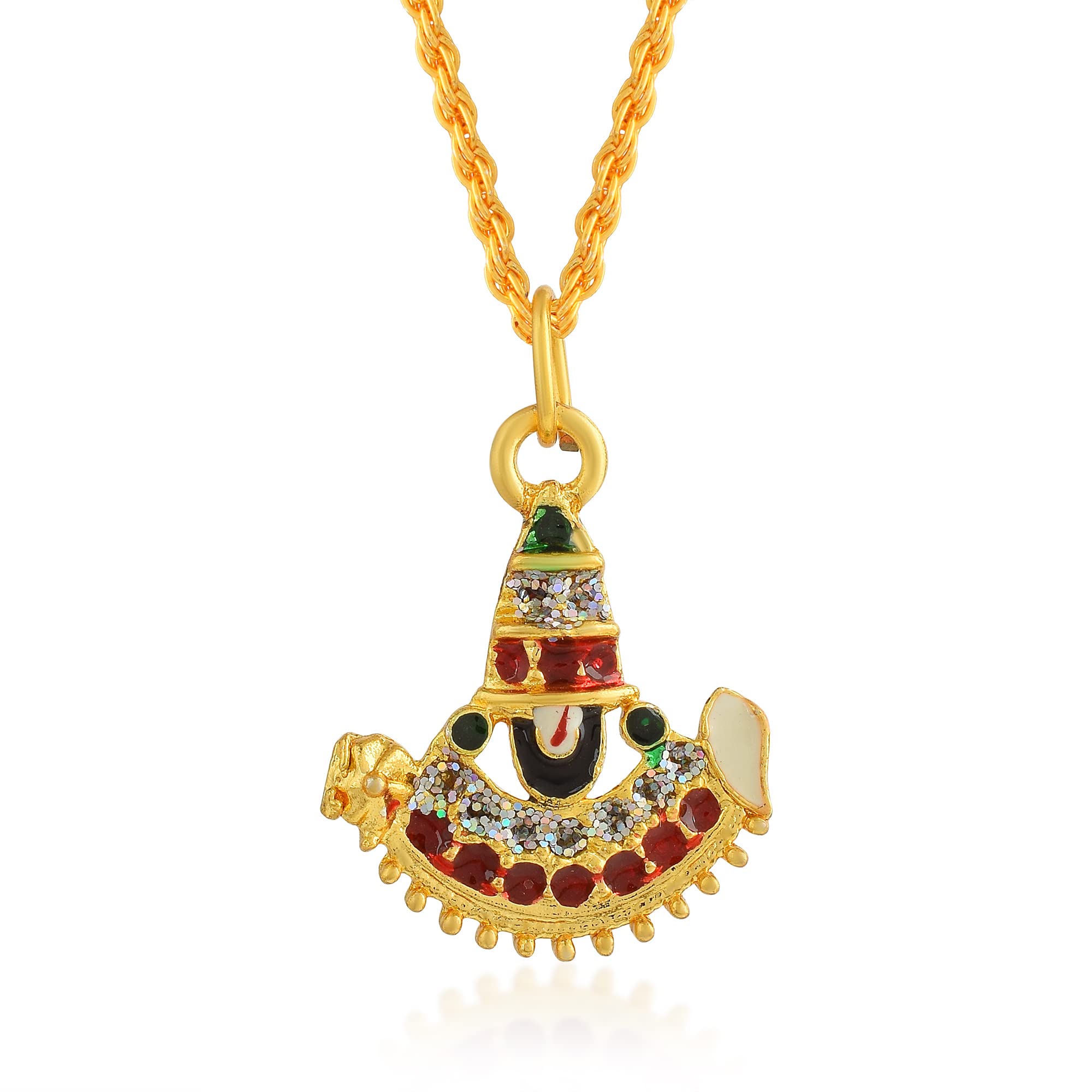 Brass Metal Gold Plated Colourful Tirupati Balaji Sri Venkateswara Spiritual Pendant With Chain Necklace Jewellery For Unisex