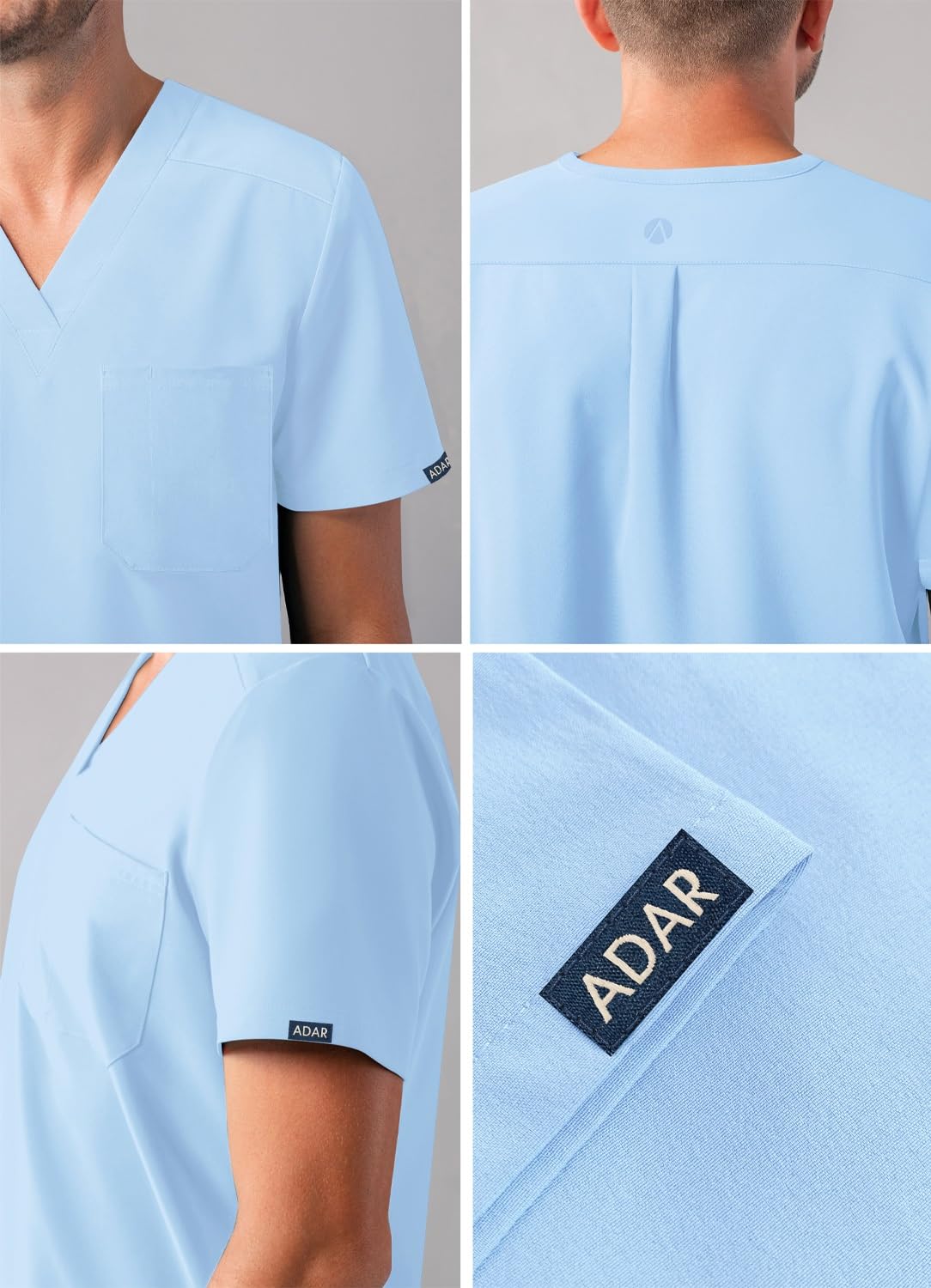 Adar Addition Scrubs dla mężczyzn - klasyczny top z dekoltem w serek, Błękitny, M