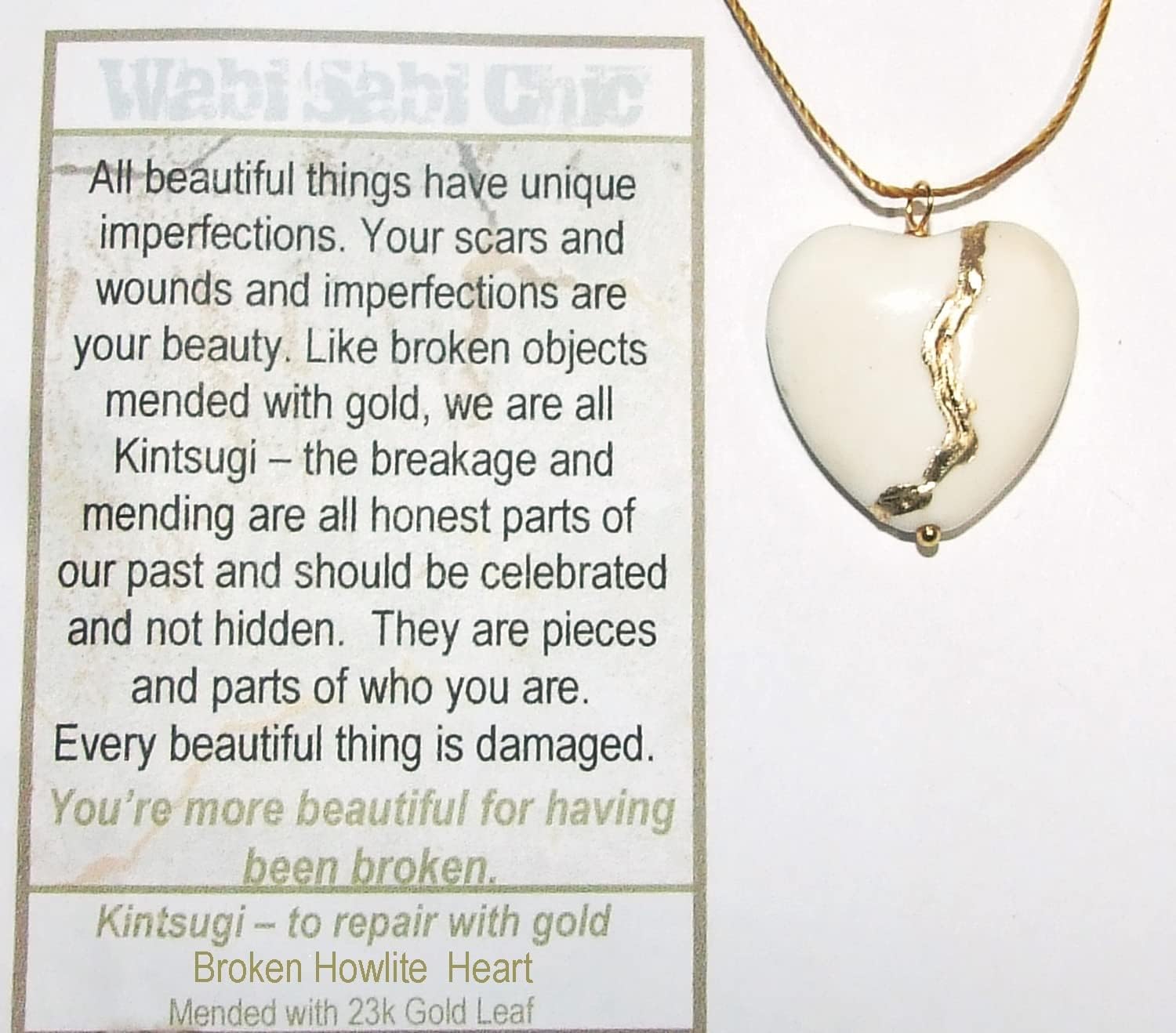 Large 1" White Howlite Broken Heart Mended with 23k Gold, Kintsugi Cord Necklace