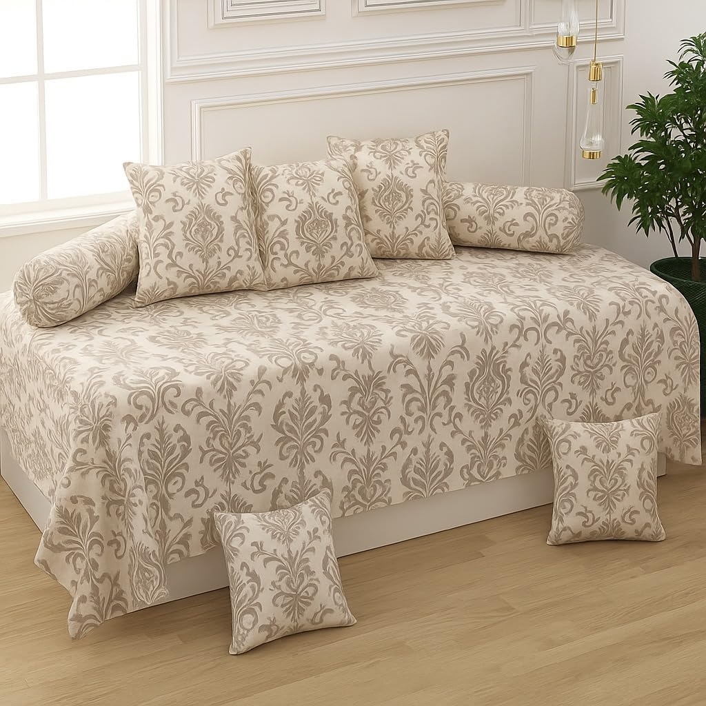 HIYANSHI HOME FURNISHING® Premium Cotton Diwan Set 8 Pieces,1 Single bedsheet Size 60x90inch, 5 Cushions 16 x 16 inch Covers with Zip and 2 Bolster Covers (Design-3, Diwan Bedsheet 60 x90 inches)