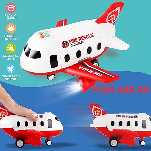 Miniatura 3 de Dwi Dowellin Juego de juguetes de avión con camión de bomberos y tapete de juego, avión con luz y sonidos, regalo de cumpleaños para niños y niñas