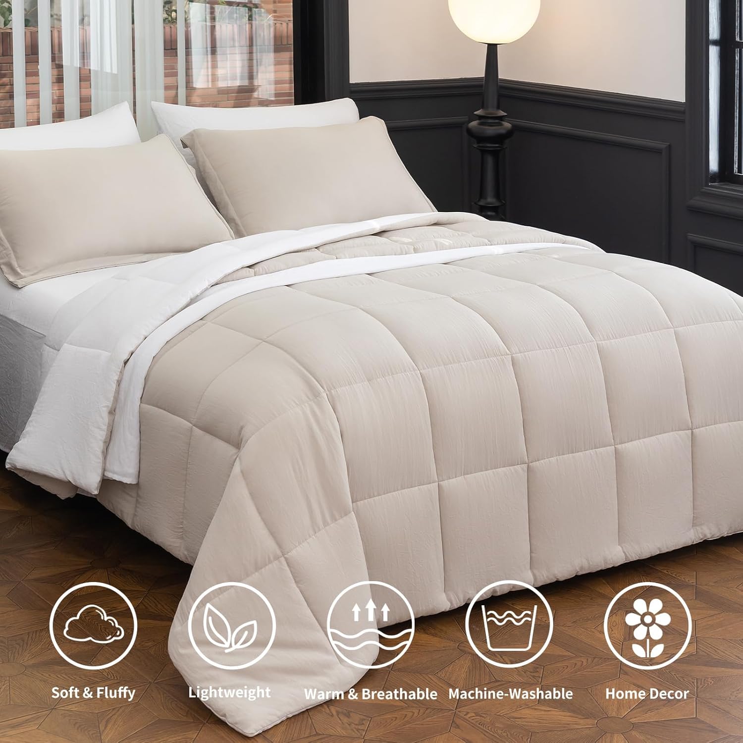 King Size Comforter Set - 8-Piece White Bedding with Breathable Reversible Down Lightweight Comforter, Bed Skirt, Flat Sheets, Pillowcases & Pillow Shams