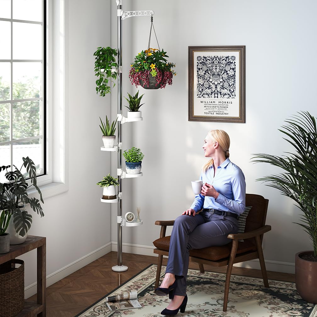 Hershii Pied de tension à 7 couches pour plantes - Décoration d'intérieur - Support de pot de fleurs en métal - Support de présentation du sol au plafond - Économie d'espace - Ivoire