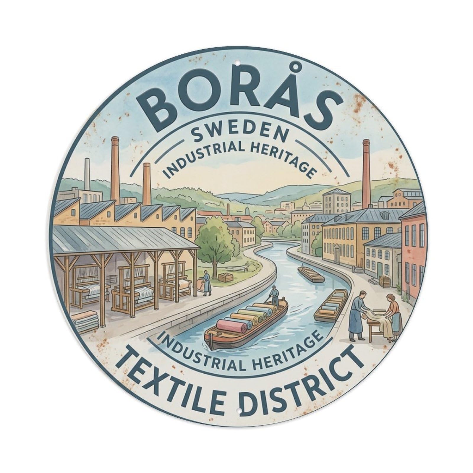 Vintage Travel Boras Sweden Textile Metal Tin Sign
