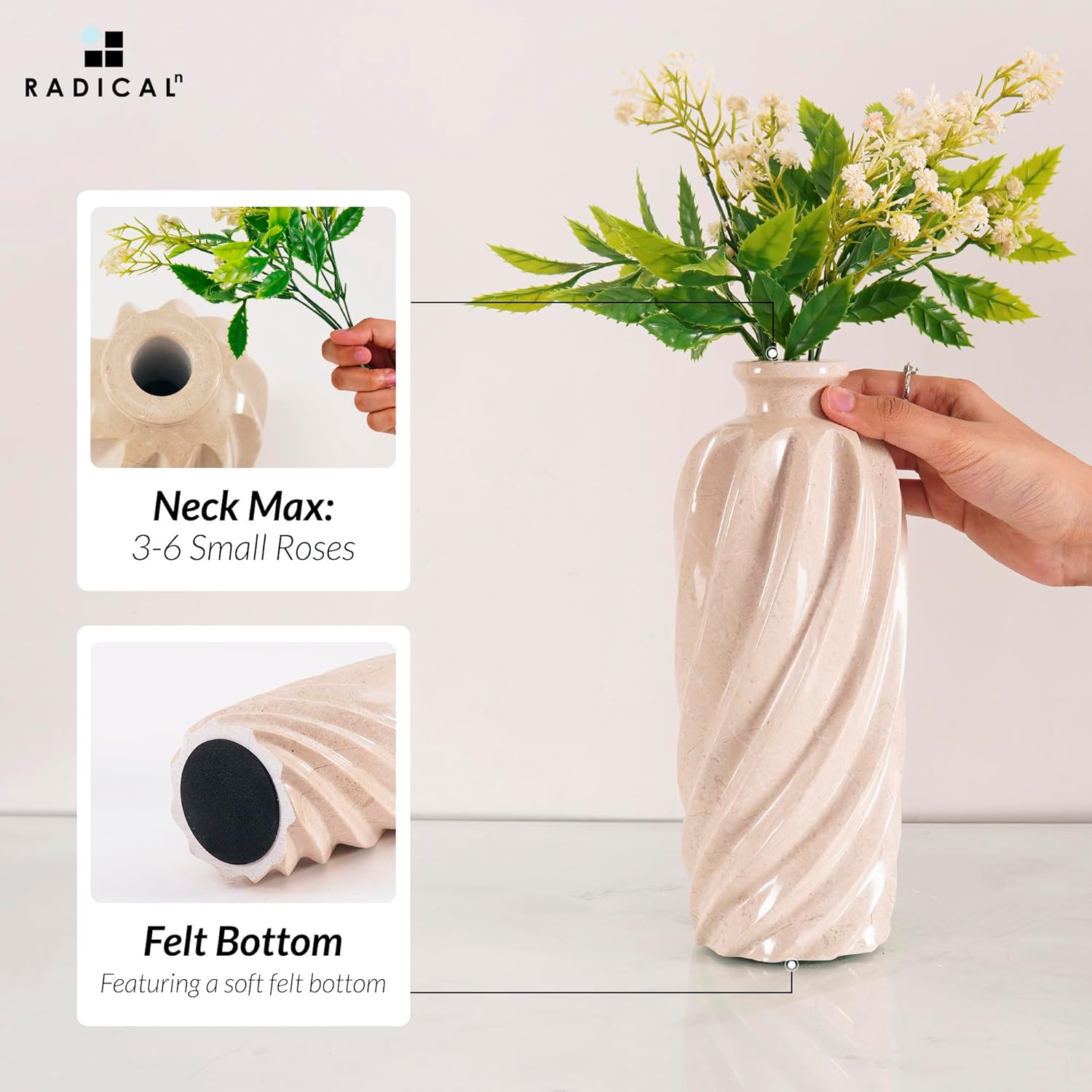 Radicaln Marble Flower Vase 10" Inches Verona Handmade Elegant Home Decor for Fresh Flowers, Flower Pots for Garden Decor, Home Office, or Mother’s Day Decorations