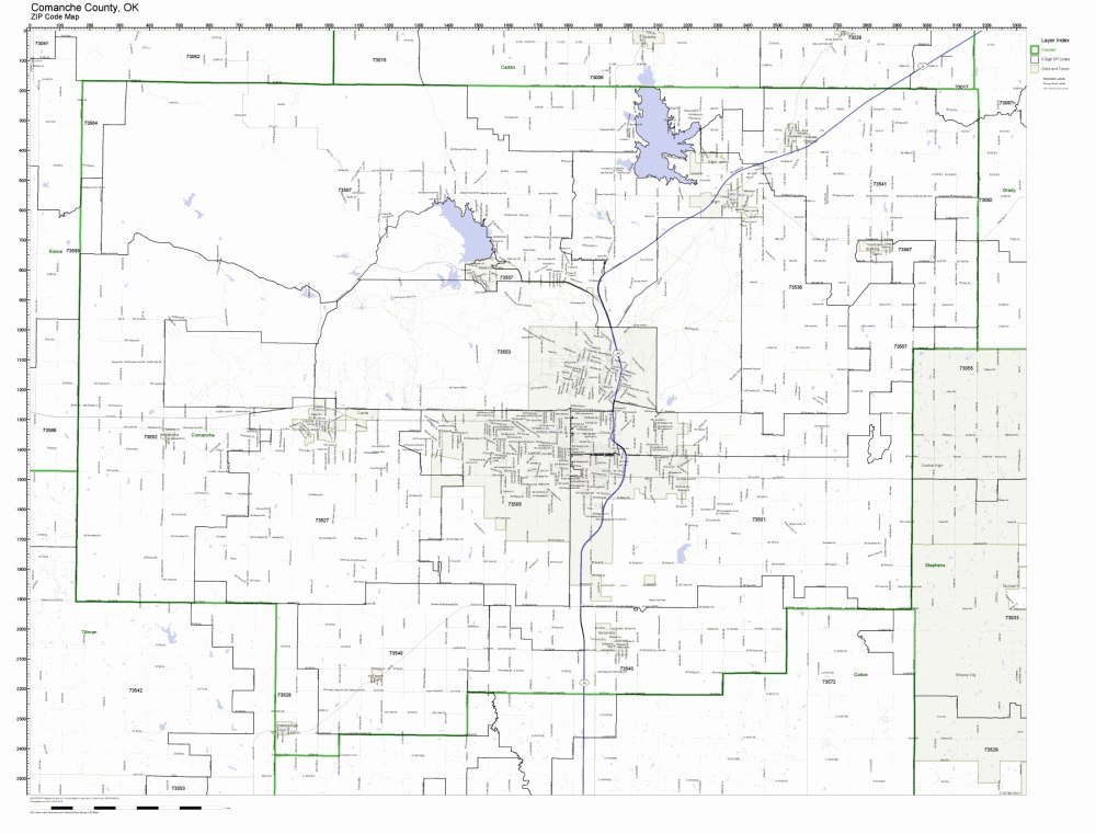 Comanche County, Oklahoma OK ZIP Code Map Not Laminated