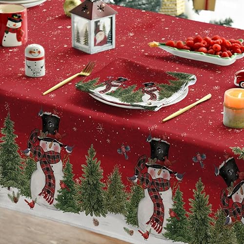 Miniatura 4 de Horaldaily Mantel de Navidad de 52 x 70 pulgadas, diseño de árboles de muñeco de nieve de invierno, color rojo, lavable, para fiesta, pícnic,