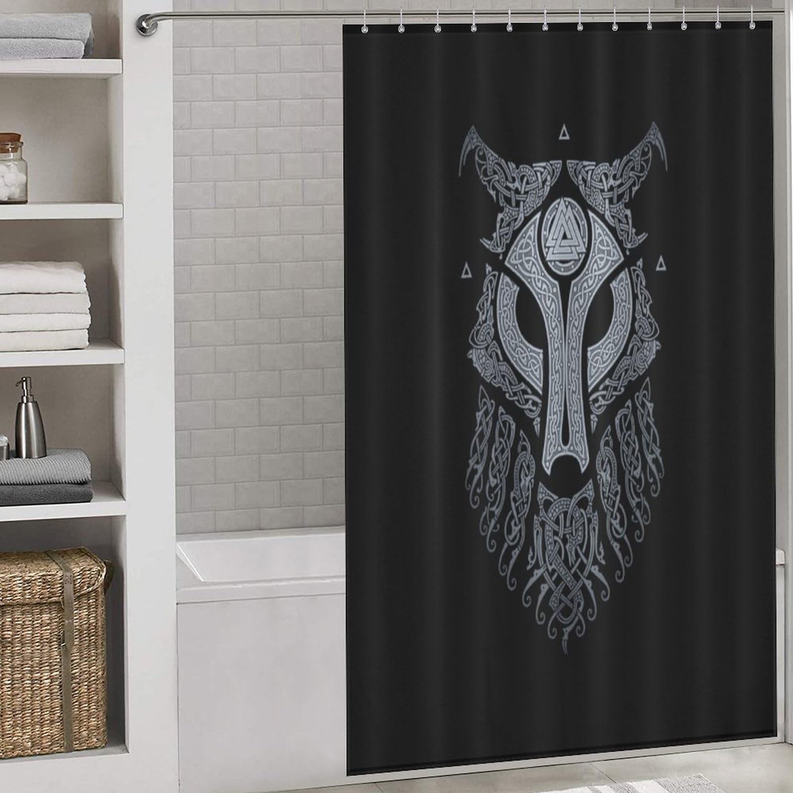 Rideau de douche imperméable et lavable en machine à motif mythologie Viking en tissu