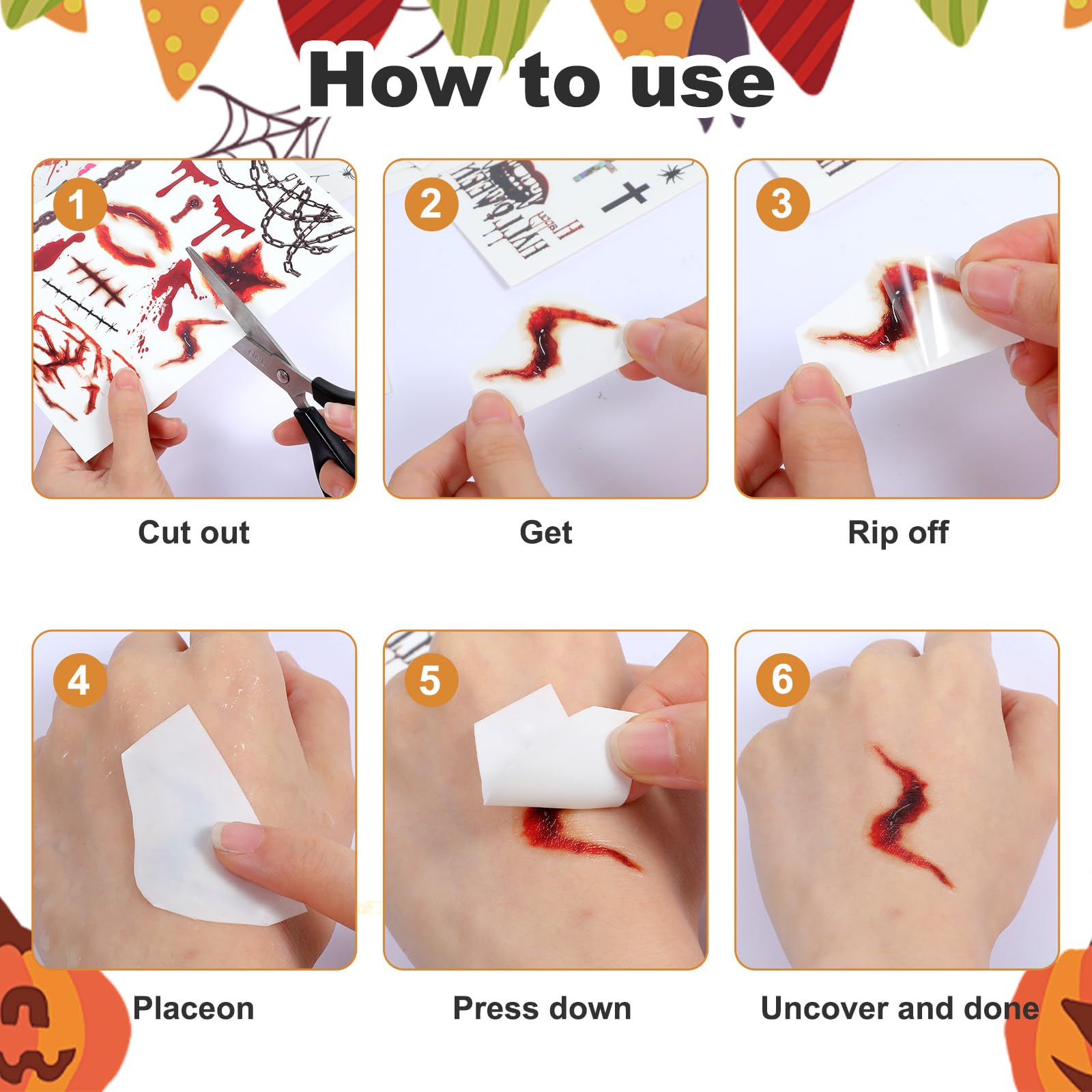 10 arkuszy tatuaży na Halloween, tymczasowe, realistyczne rany, wodoodporne, Halloween, Cosplay, straszna dekoracja makijażu