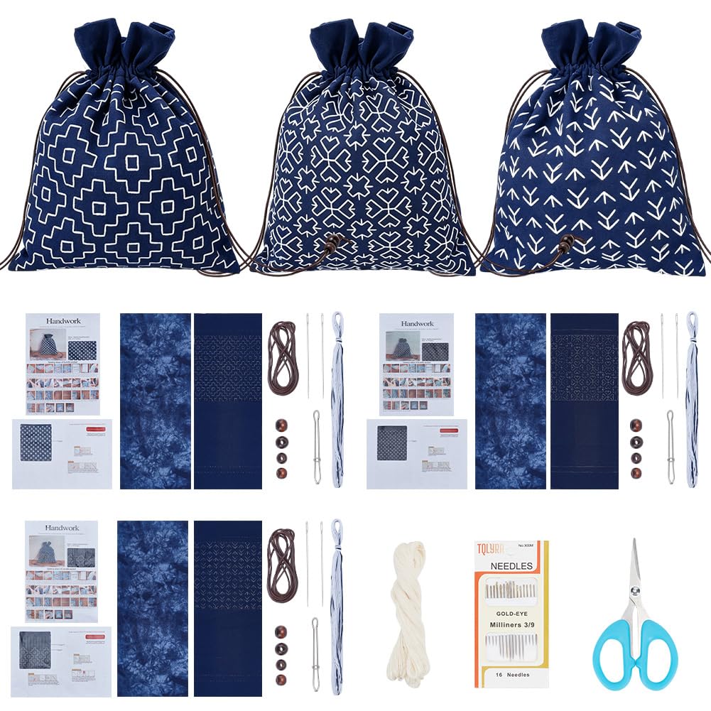 INFUNLY Sashiko Lot de 3 sacs à broder à broder avec croix - 48,5 x 19,5 cm - Avec instructions (français non garanti) - Pour projets de bricolage, cadeaux