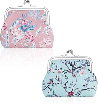 FuninCrea 2 Pcs Faux Leather Coin Purse for Women with Kiss Lock, Floral Pattern Change and Coin Wallet Double Clasp Closure Mini Wallet for Cash Key Blue+Dark Pink