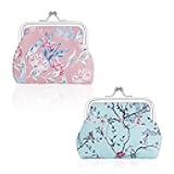 FuninCrea 2 Pcs Faux Leather Coin Purse for Women with Kiss Lock, Floral Pattern Change and Coin Wallet Double Clasp Closure Mini Wallet for Cash Key (Blue+Dark Pink)