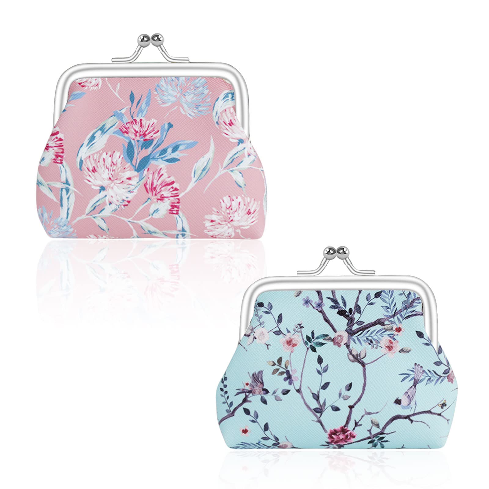 2 Pcs Faux Leather Coin Purse for Women with Kiss Lock, Floral Pattern Change and Coin Wallet Double Clasp Closure Mini Wallet for Cash Key (Blue+Dark Pink)