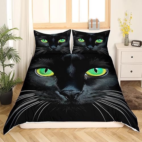 Miniatura 3 de Juego de ropa de cama con diseño de gatos para niños, 3 piezas, funda de edredón de mascotas de dibujos animados, funda de edredón de gato negro,