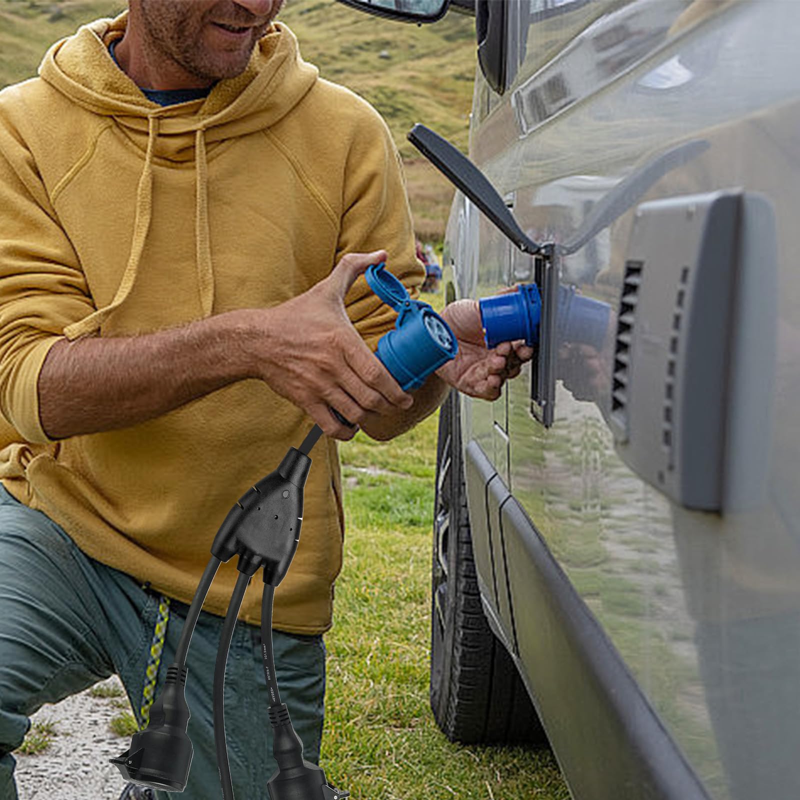 Alargador de 3 divisores para caravana, IP44 CEE, cable de alimentación con 2 enchufes Schuko+1 CEE industrial, cable de goma H07RN-F 3G1,5 mm cable de extensión para caravanas y camping