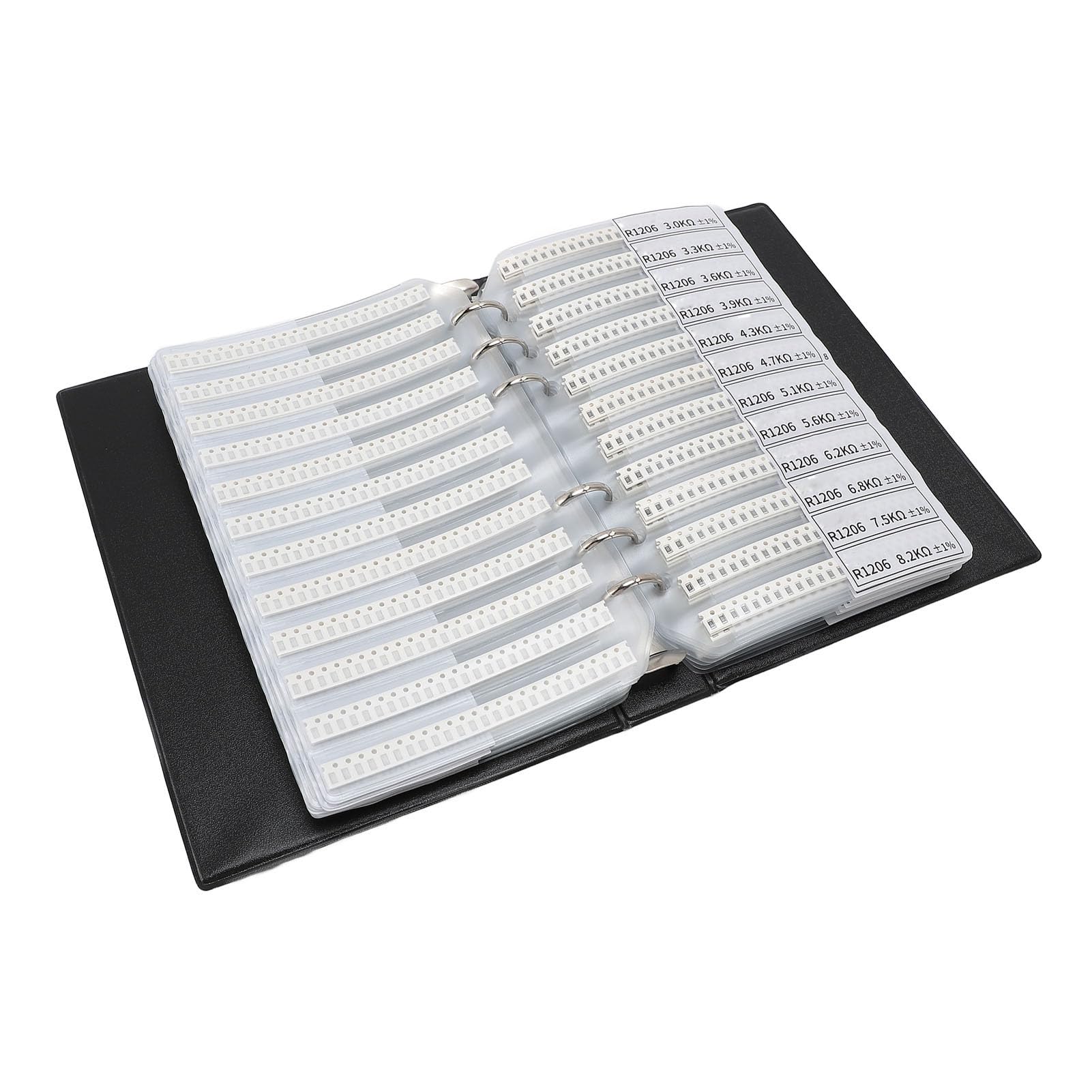Libro de muestras de resistencias SMD 1206, kit variado de resistencias de chip con 170 valores, 50 unidades de cada uno, y carpeta compacta de componentes electrónicos en PVC para