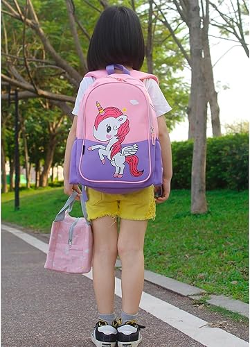 Miniatura 6 de Mochila de viaje para niños y niñas de preescolar con diseño de dibujos animados, ligera, fresca y bonita, con bolsa de almuerzo, Unicornio rosa M,