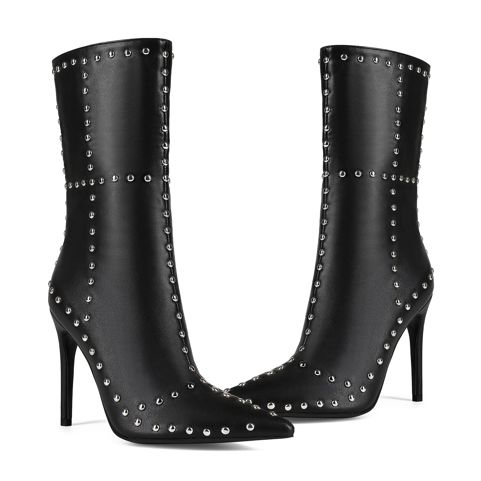 Fashionable Rivet Pointed Toe Punk Ankle Boots Large Size 4in Stiletto Party High Heels Womens Low Boots