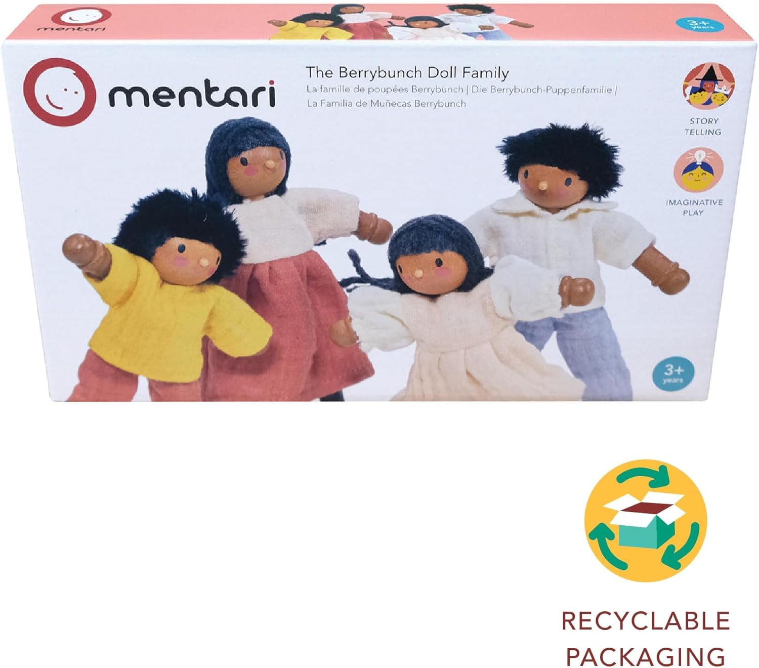 Mentari Toys - The Berrybunch Doll Family - 4pc Poseable Wooden Doll Set with Fabric Clothes - Perfect for Dollhouses and Small World Play - Encourages Imaginative Play and Social Skills - Age 3+