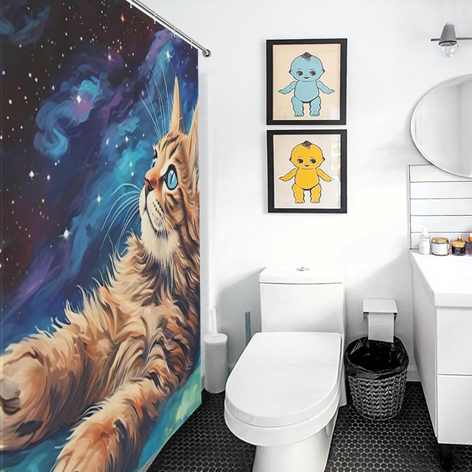 Cute Cat Playing with Butterfly Funny Shower Curtains Washable Bath Curtain Liner with Hooks for Bathroom Bath Tubs