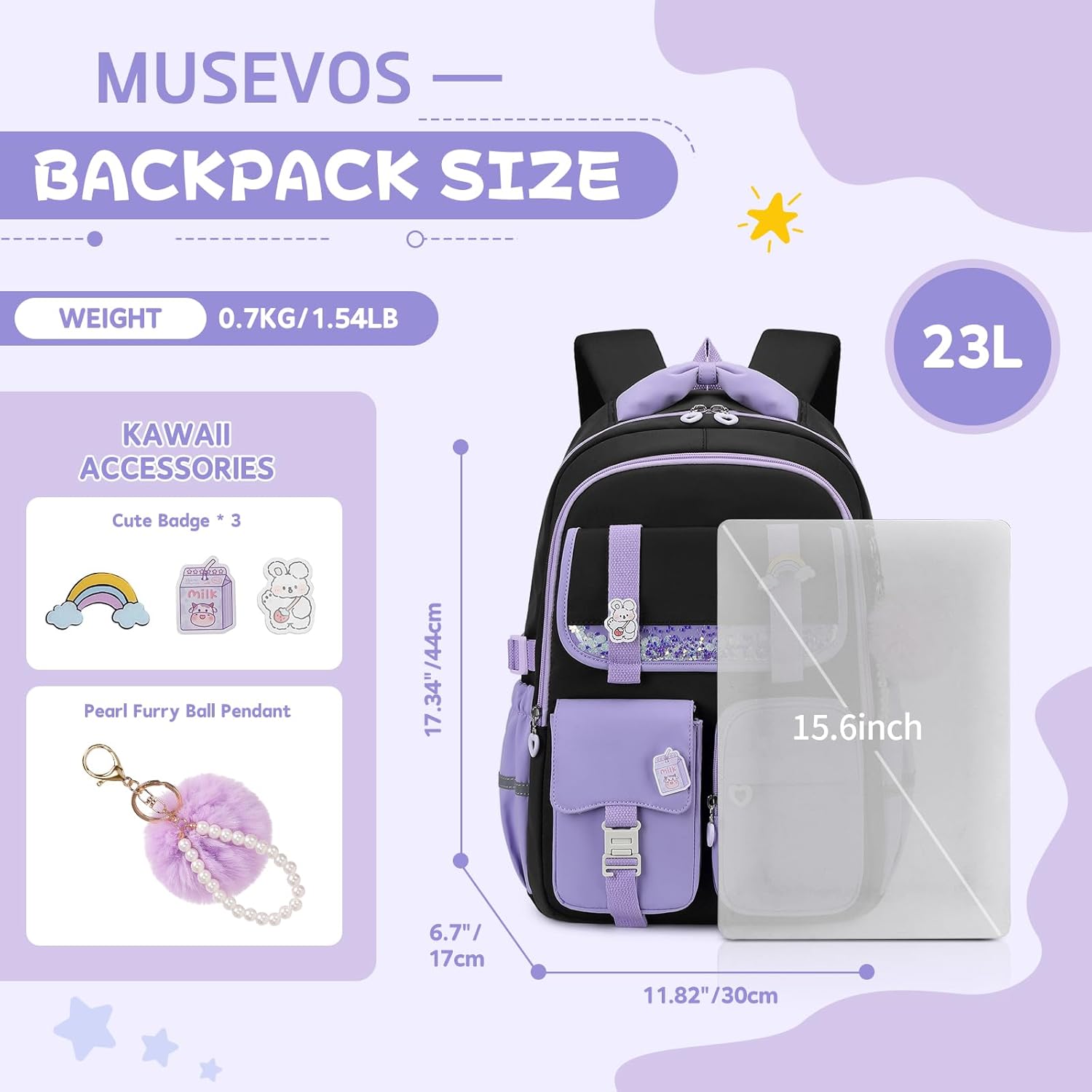 MUSEVOS Girls Backpack, Kids Backpack for Girls, School Bookbag for Teens Age 6-15, Large Capacity Water Resistant Backpack for Elementary to High School, Cute Travel Daypack, Black Purple