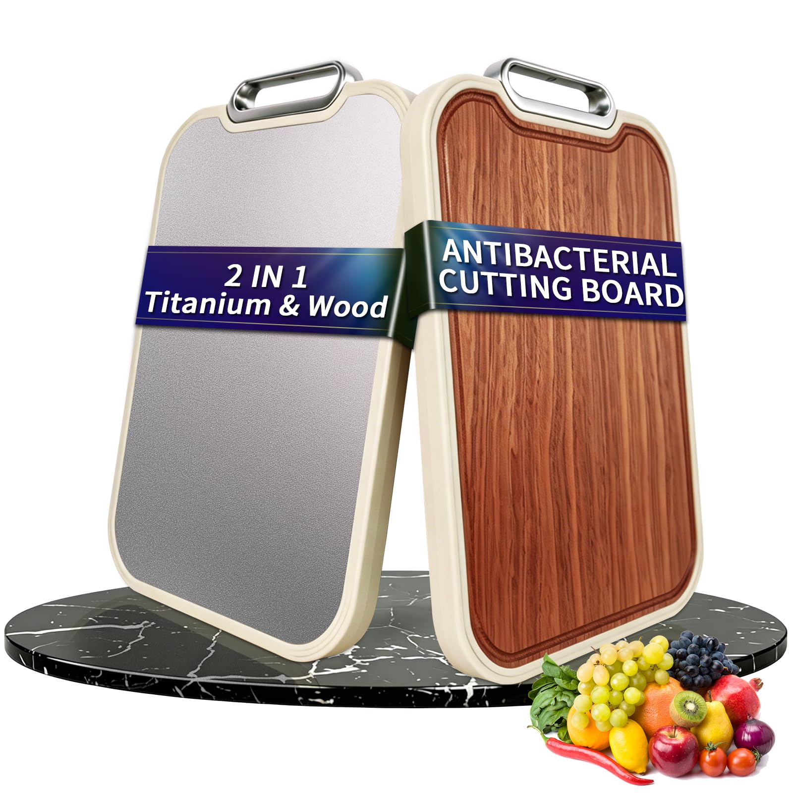 2 en 1 Planche a Decouper en Titane & Bois - Planche à Découper avec Rainure À Jus - Antidérapante & Antibactérienne,Planche à Découper de Cuisine pour Viande,Légumes,Fruits (Titane + Bois)