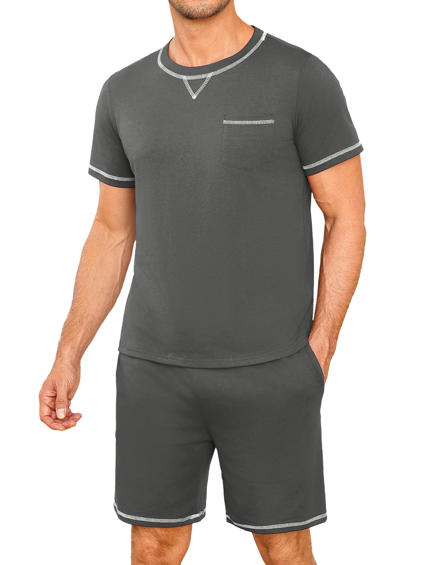 Demegimi Herren Schlafanzug Kurz Pyjama Baumwolle Sommer Zweiteilige Pyjamas Set für Männer