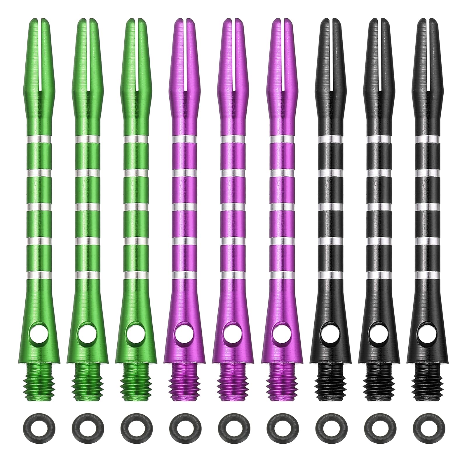 YELARXI Dart Shafts for Steel Tip, Medium 2BA Thread Aluminum Dart Shaft Set with Rubber Ring Replacement Accessories For (Darts Training/Sharpener), 48mm & 10 Set & Black/Green/Purple