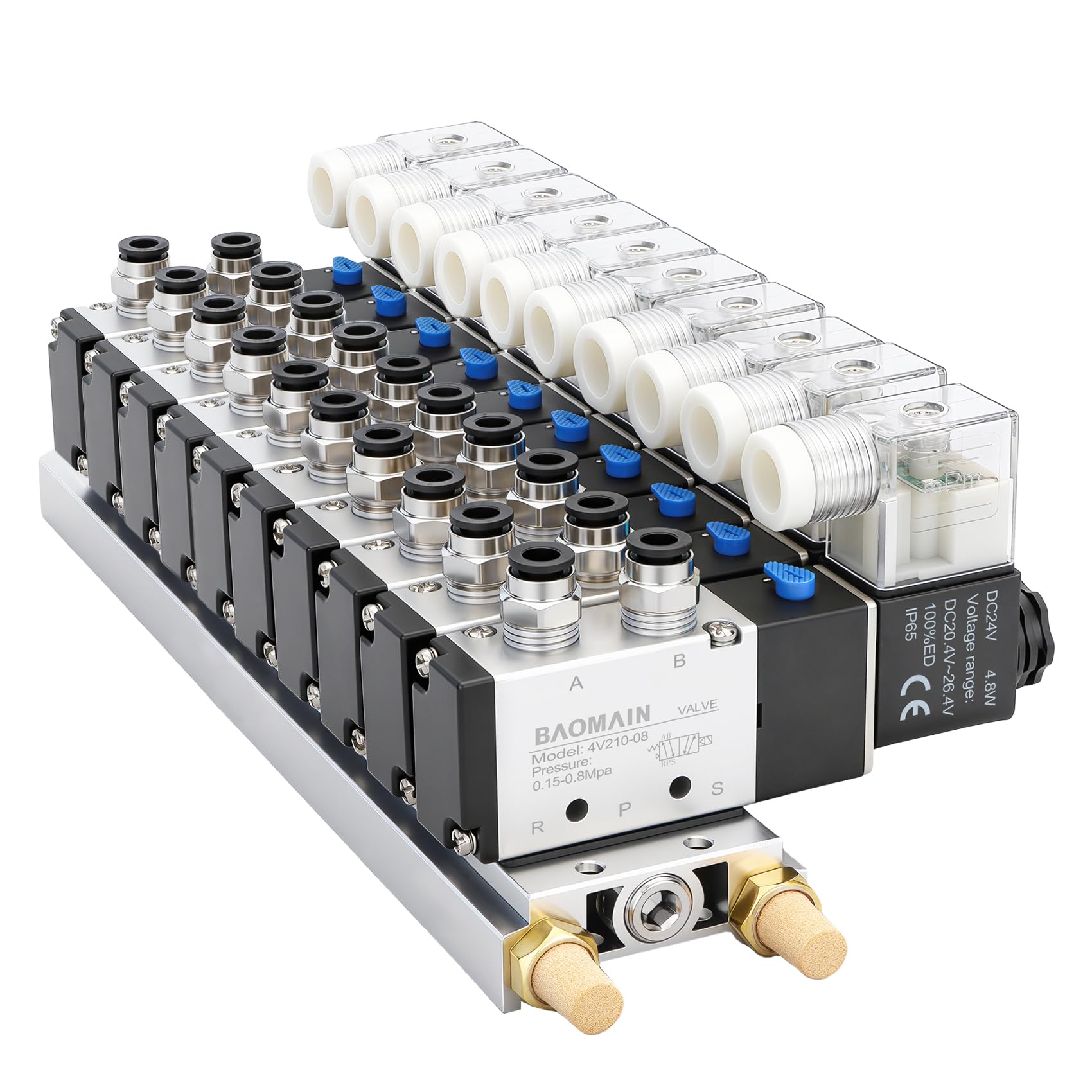 Baomain 10 Station Solenoid Valve Manifold, 24V DC 5 Way 2 Position Pneumatic Air Valve, Ten Solenoid, 1/4" PT Port, Includes Manifold Base & Mufflers