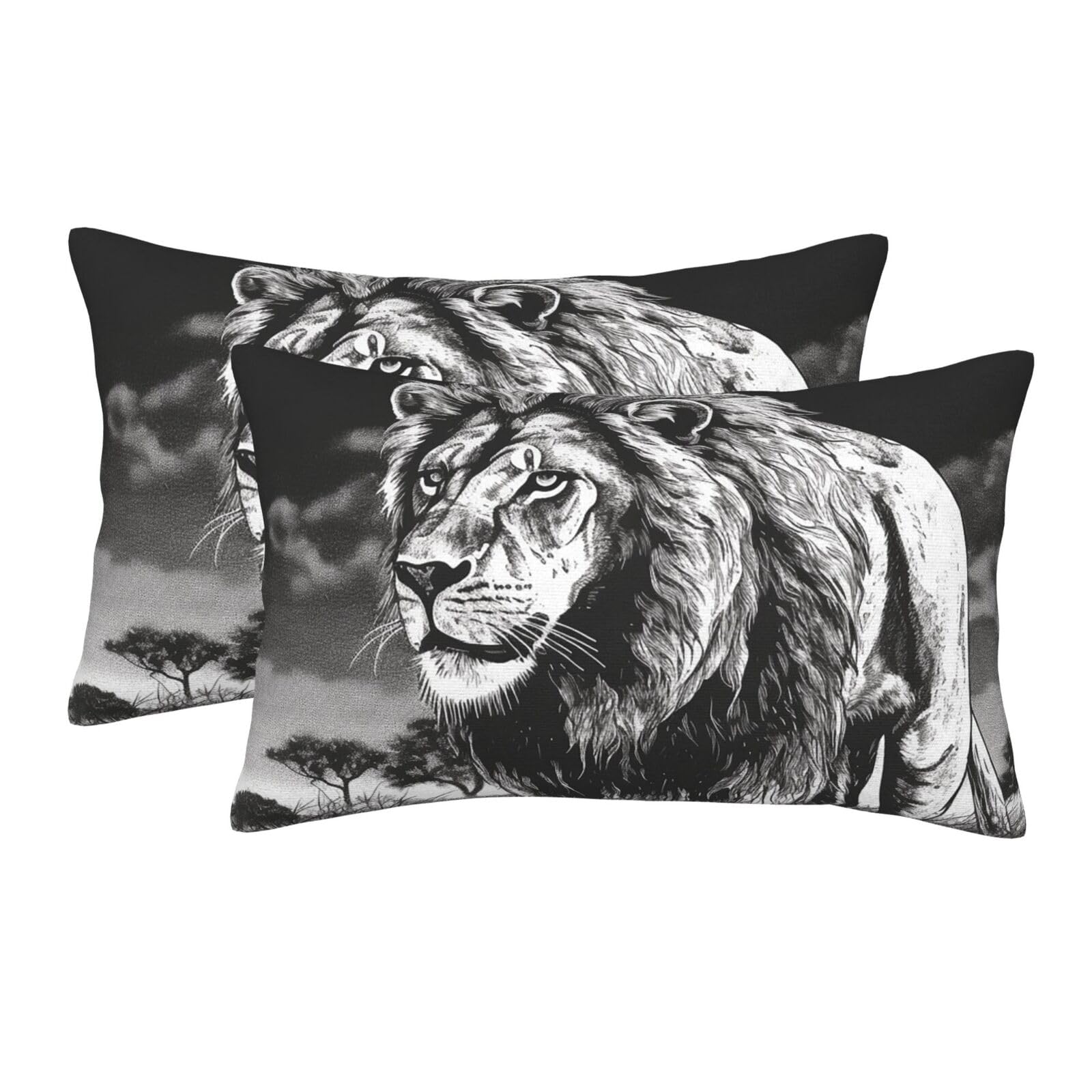 2 Pack Standard Size Pillow Cases for Hair and Skin Soft Breathable Pillow Case Covers with Hidden Zipper Lion Black White Illustration Pillowcase 20"x30" Pillow Cover for Sleeping Gift