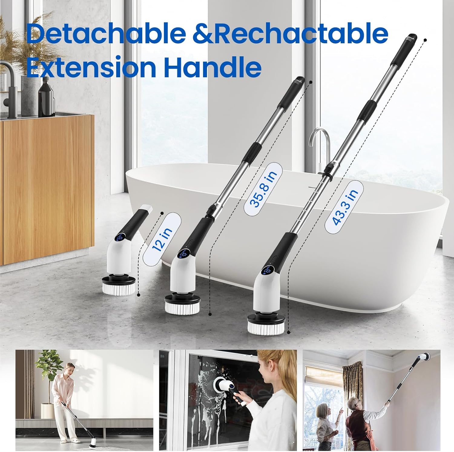 Jorking Electric Spin Scrubber showing its adjustable handle lengths: 12-inch handheld, 35.8-inch, and 43.3-inch extended.
