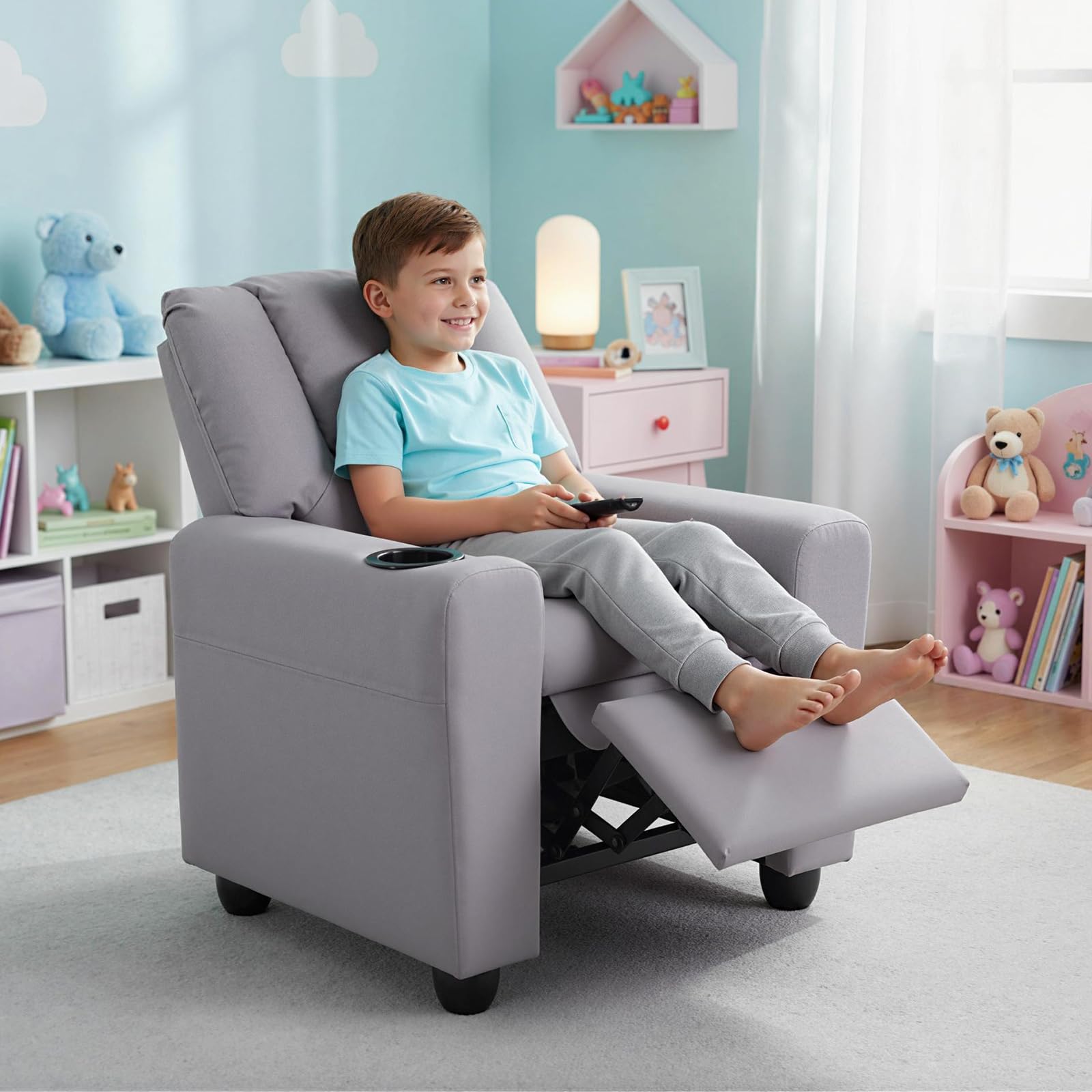 GOPLUS Sillón Reclinable Infantil con Portavasos, Silla Reclinable de Tela de Terciopelo con Respaldo y Reposapiés Ajustables, Cojín de Asiento con Resortes, Sofá para Niños de 3+ Años (Gris)