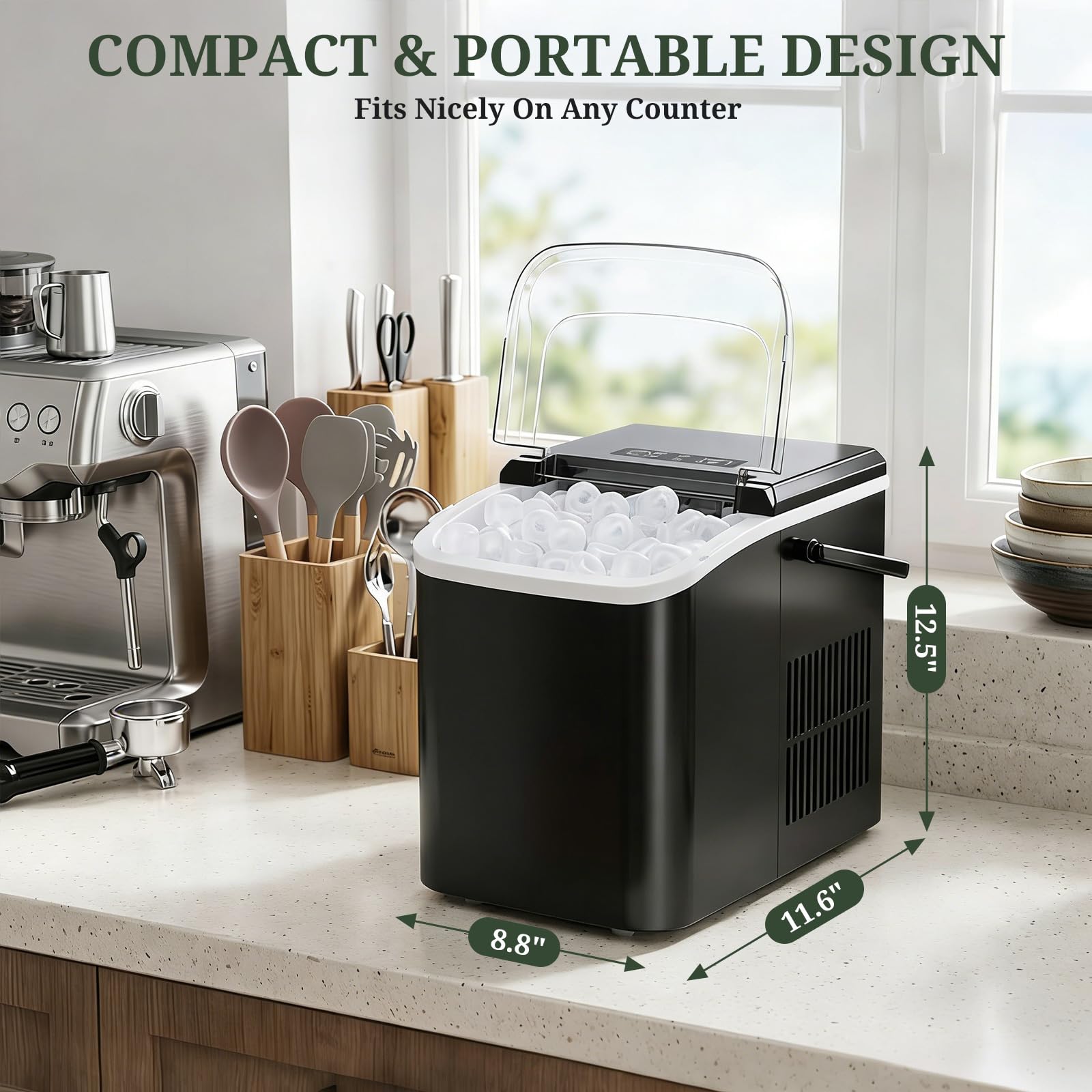 Ice Maker, Portable Ice Makers Countertop with Handle, Basket & Scoop, 26Lbs/24Hrs, 9 Bullet Ice Cubes in 6 Mins, 2 Ice Sizes, Self-Cleaning, Quiet Compact Ice Machine for Home Kitchen Party, Black - 5
