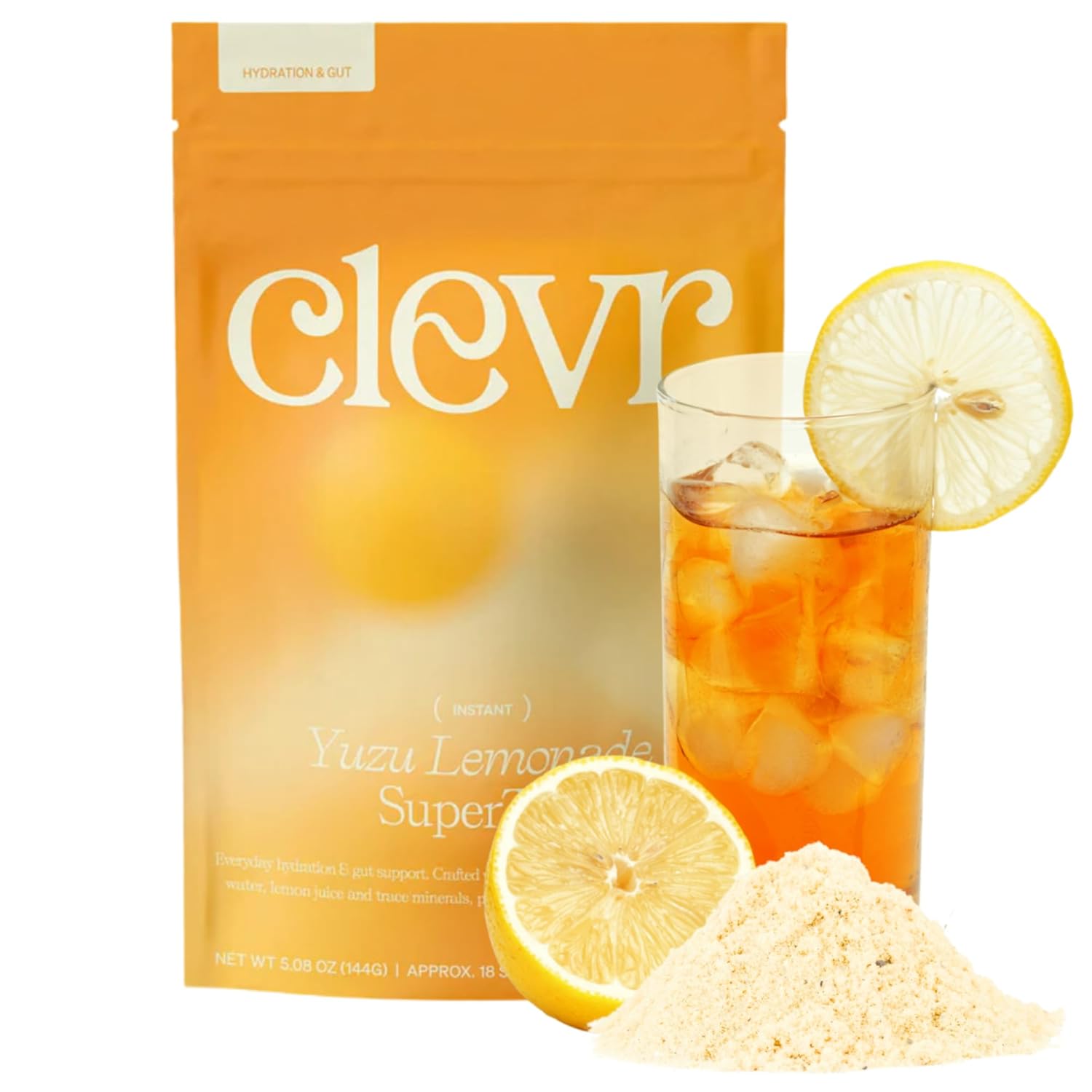 Clevr Yuzu Lemonade Gut Supporting Electrolyte Hydration Mix – GLP-1 Friendly, No Added Sugar – Coconut Water with Lemon Juice, Trace Minerals & Probiotics – Caffeine-Free SuperTea – 18 Servings