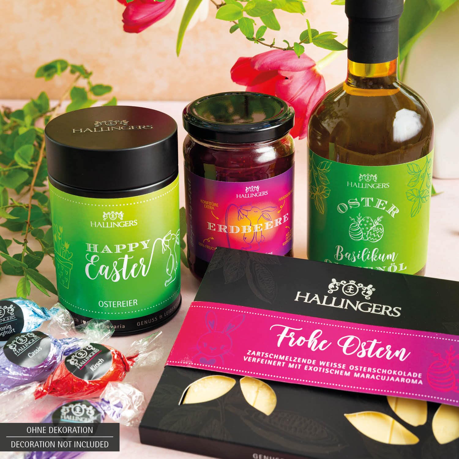 Hallingers Genuss Manufaktur Feinkost Oster-Geschenk-Set - XXL-Wundertüte "Gruß vom Osterh..." großes Osternest Pralinen-Ostereier, Ostertafel, Konfitüre & Olivenöl, Ostern Körbchen für Frauen Männer