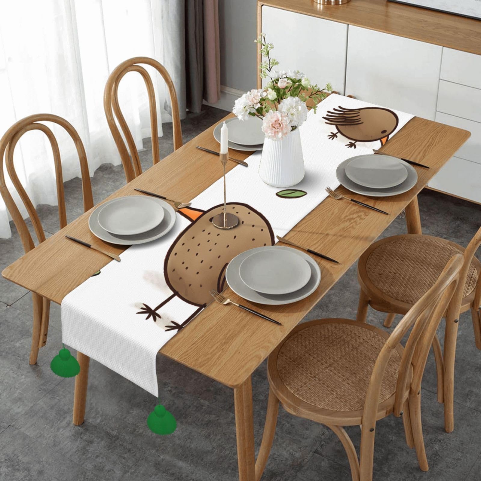 Chemin de table en lin haut de gamme motif oiseaux kiwis chic