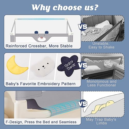 Miniatura 3 de Barandilla de cama de 3 piezas para niños pequeños con barra de cabecero, protector de riel ajustable para cama de bebé (78.7 x 78.7 x 59 pulgadas,
