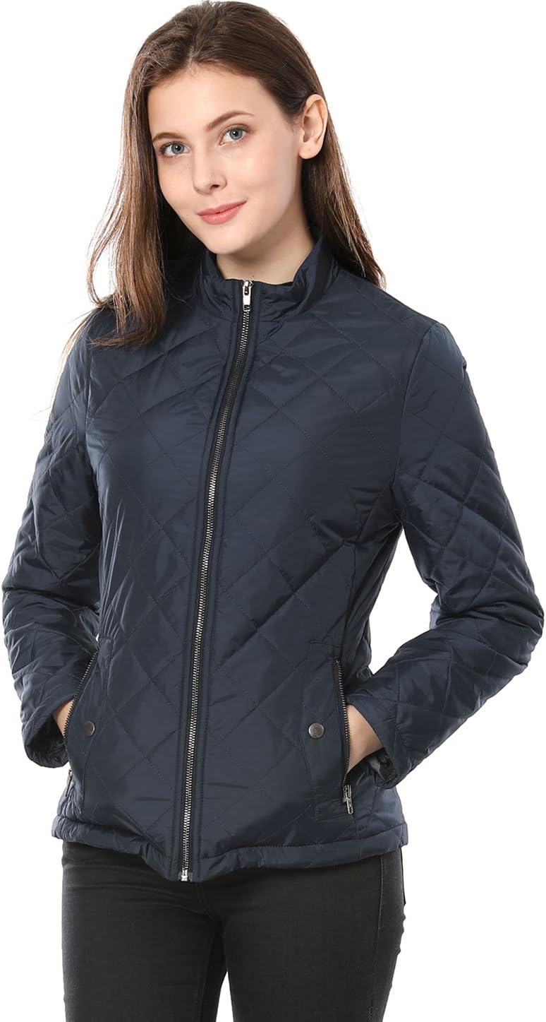 Allegra K Women's Stand Collar Zip Lightweight Quilted Jacket