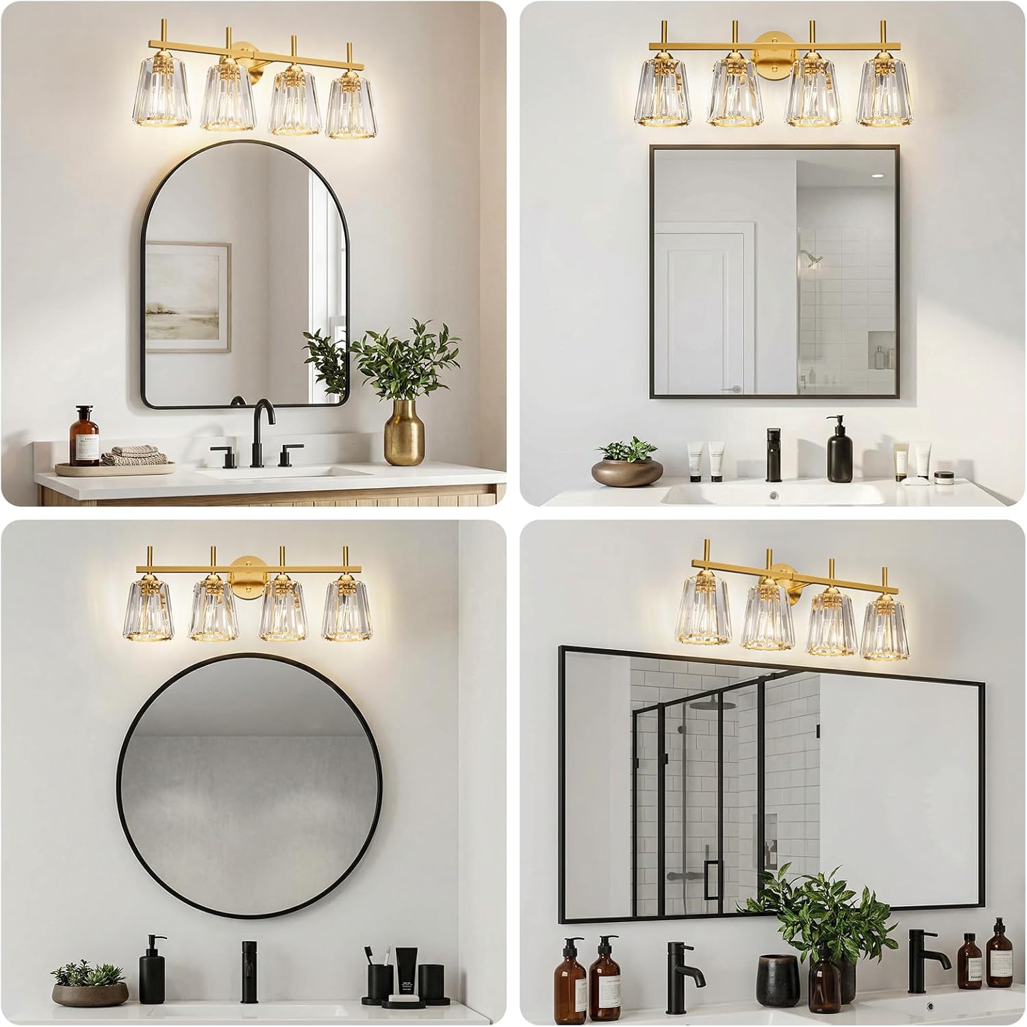 Crystal Bathroom Light Fixtures Over Mirror, Gold 4-Light Bathroom Vanity Lights Over Mirror Modern Wall Lighting Sconces with Ceramic E26 Base (Bulbs Not Include)