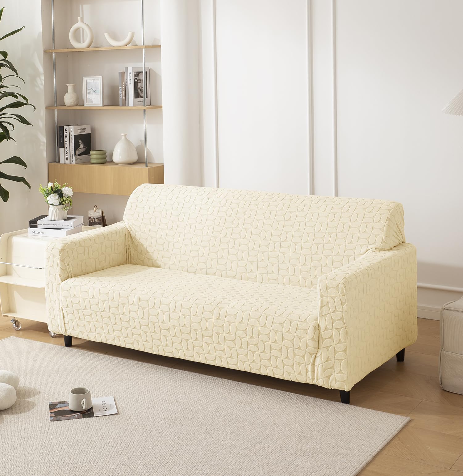 House of Quirk Universal Triple Seater Jacquard Fabric Texture Sofa Cover 220 GSM Soft Touching Cover for Couch Flexible Stretch Sofa Slipcover (Beige, 185-230CM)-image-39
