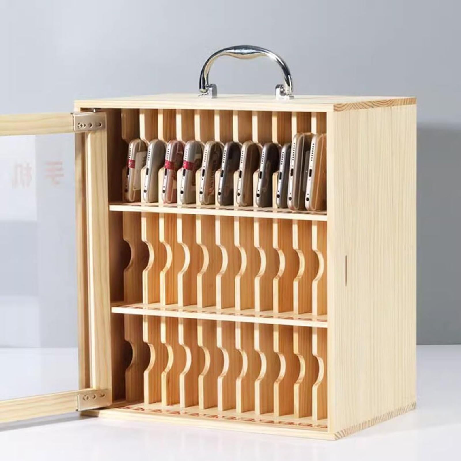 Supporto da parete in legno per telefoni cellulari, ufficio e sala conferenze, sicuro 24 pezzi, soluzione di archiviazione in legno elegante per telefoni e accessori