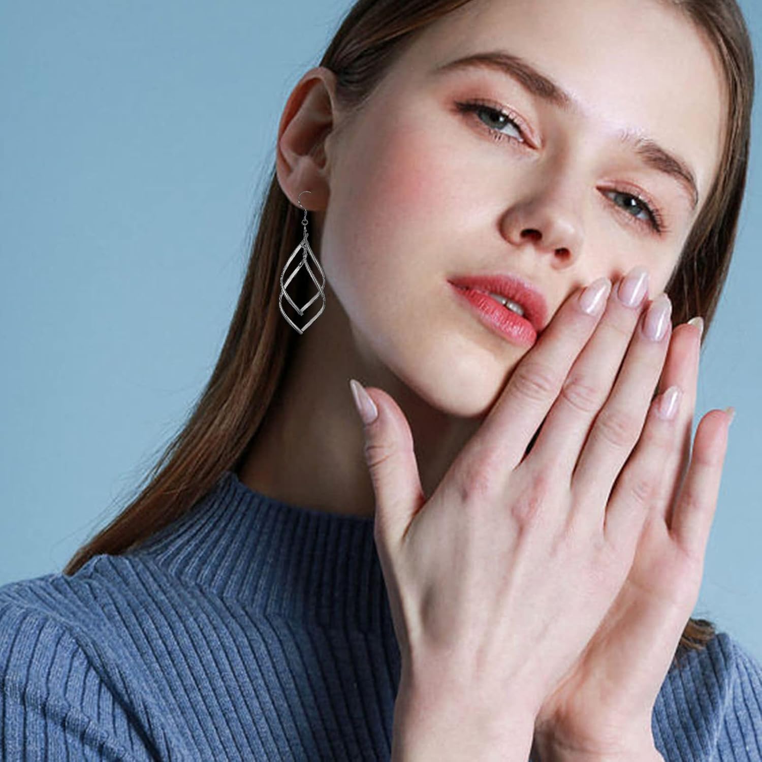 Double Twisted Linear Drop Statement Earrings Sterling Silver Dangle Earrings for Women Marquise Loops French Wire Drop Dangle Earrings for Women Anniversary Birthday Gifts - Image 4