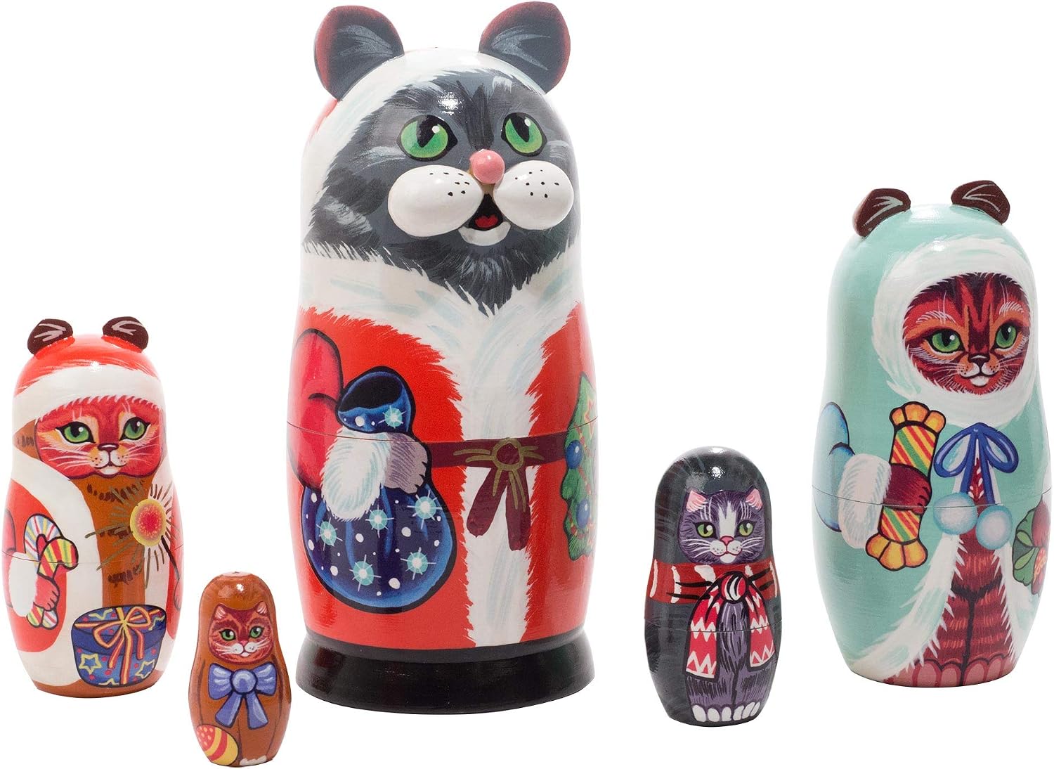 Golden Cockerel Made in Russia Christmas Cats Nesting Doll 5pc./5" aka Santa Paws Cat Felines Collectible Babushka Russian Matryoshka Doll 100% Guaranteed!