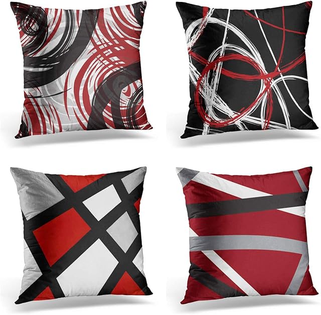 Awowee Set of 4 Cushion Covers 50x50cm/20x20inches Red Black Stripes Spiral Home Decor Throw Pillow Covers Square Pillowcases for Bed Sofa Couch
