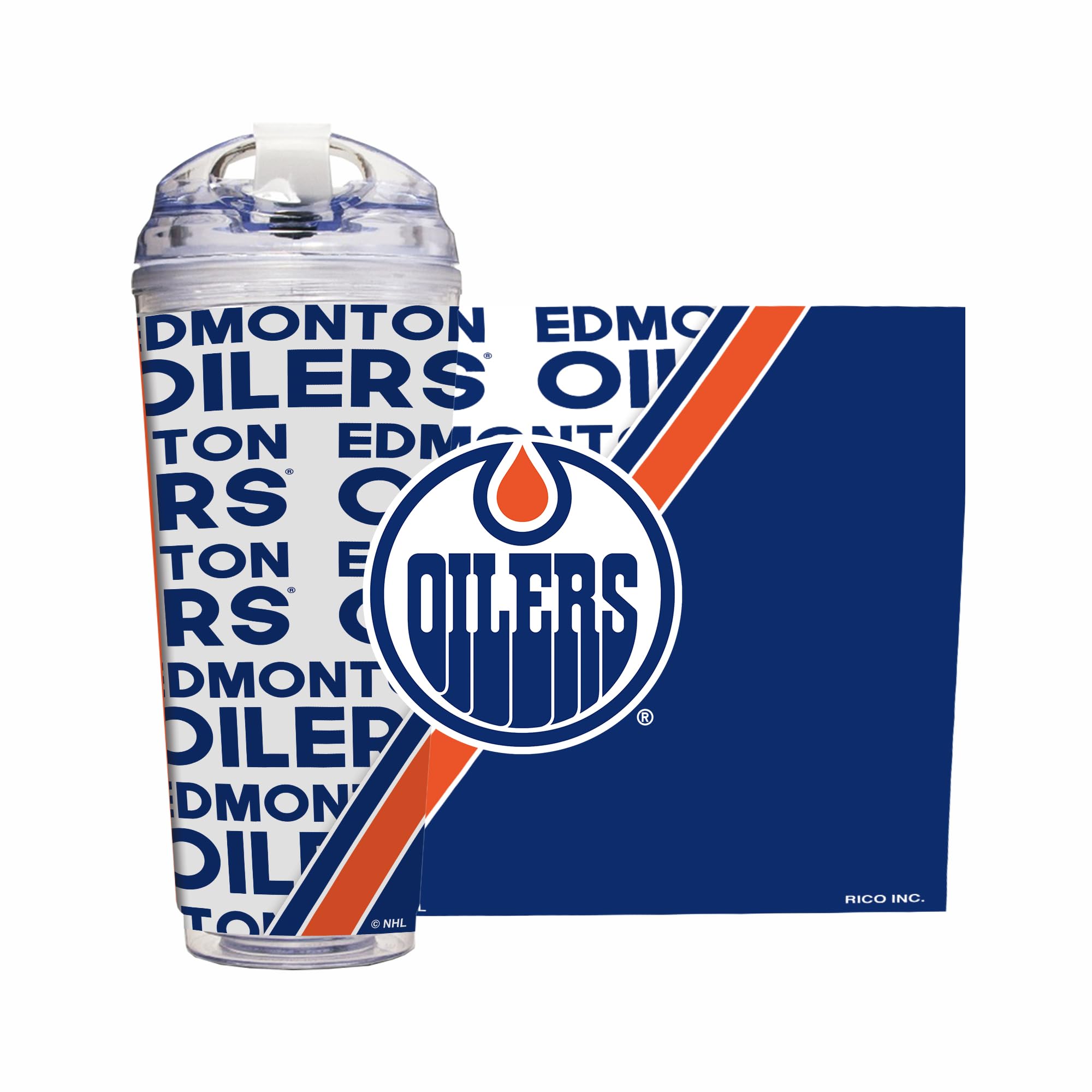 Rico Industries NHL Hockey Edmonton Oilers 24oz Acrylic Tumbler with Hinged Lid, Officially Licensed Double Wall Tumbler with Straw