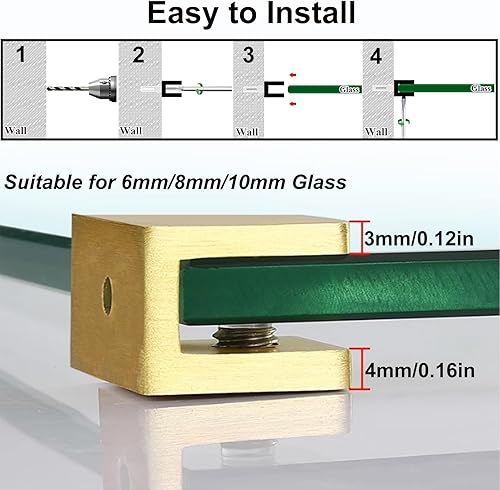 Miniatura 5 de AWEN 4 soportes ajustables para estantes de vidrio, abrazadera de vidrio de latón macizo, soporte de clip de vidrio sin taladrar para vidrio de